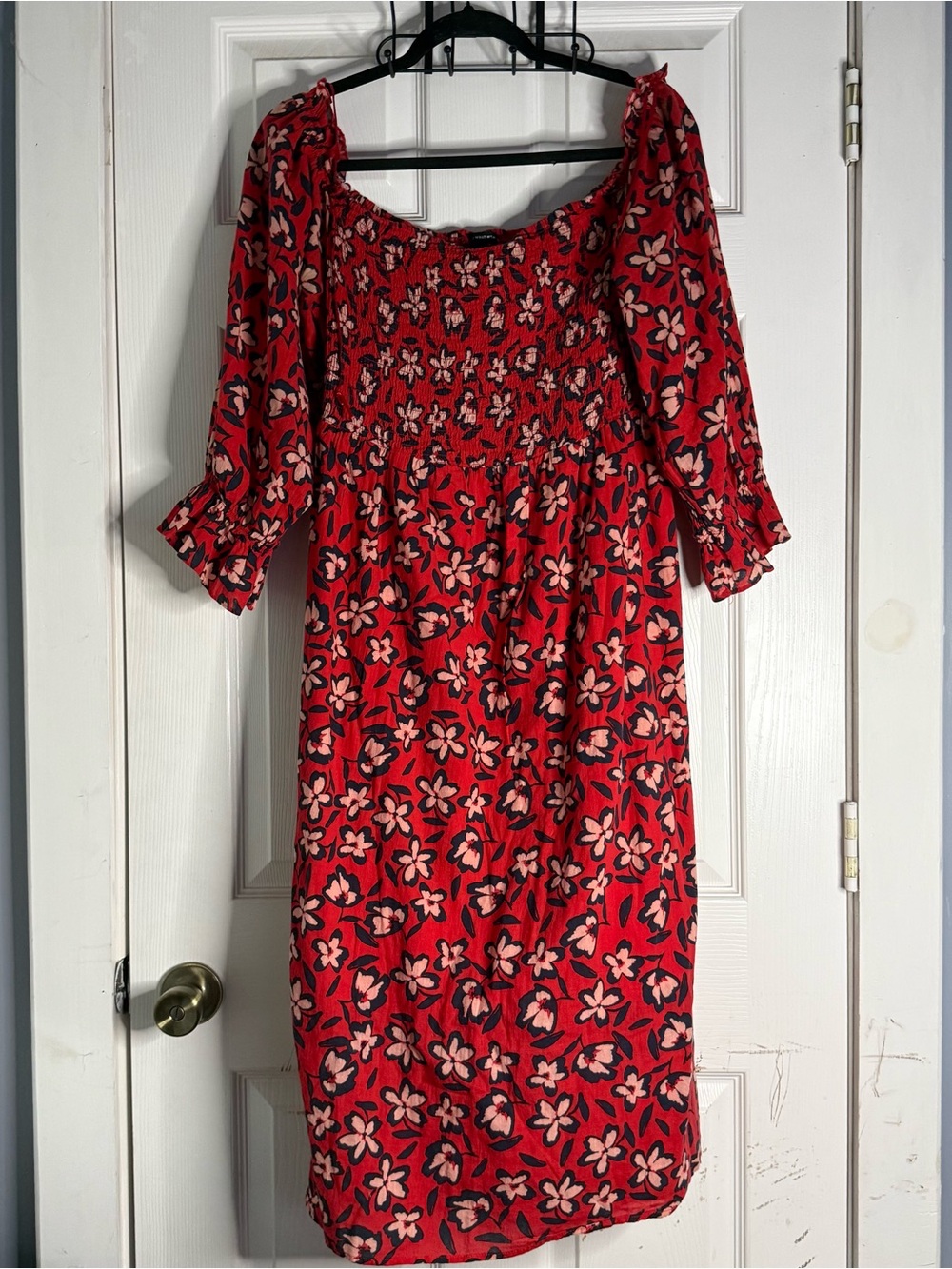 Who What Wear Midi Dress Large Balloon Sleeve Red Summer Off Shoulder Cotton